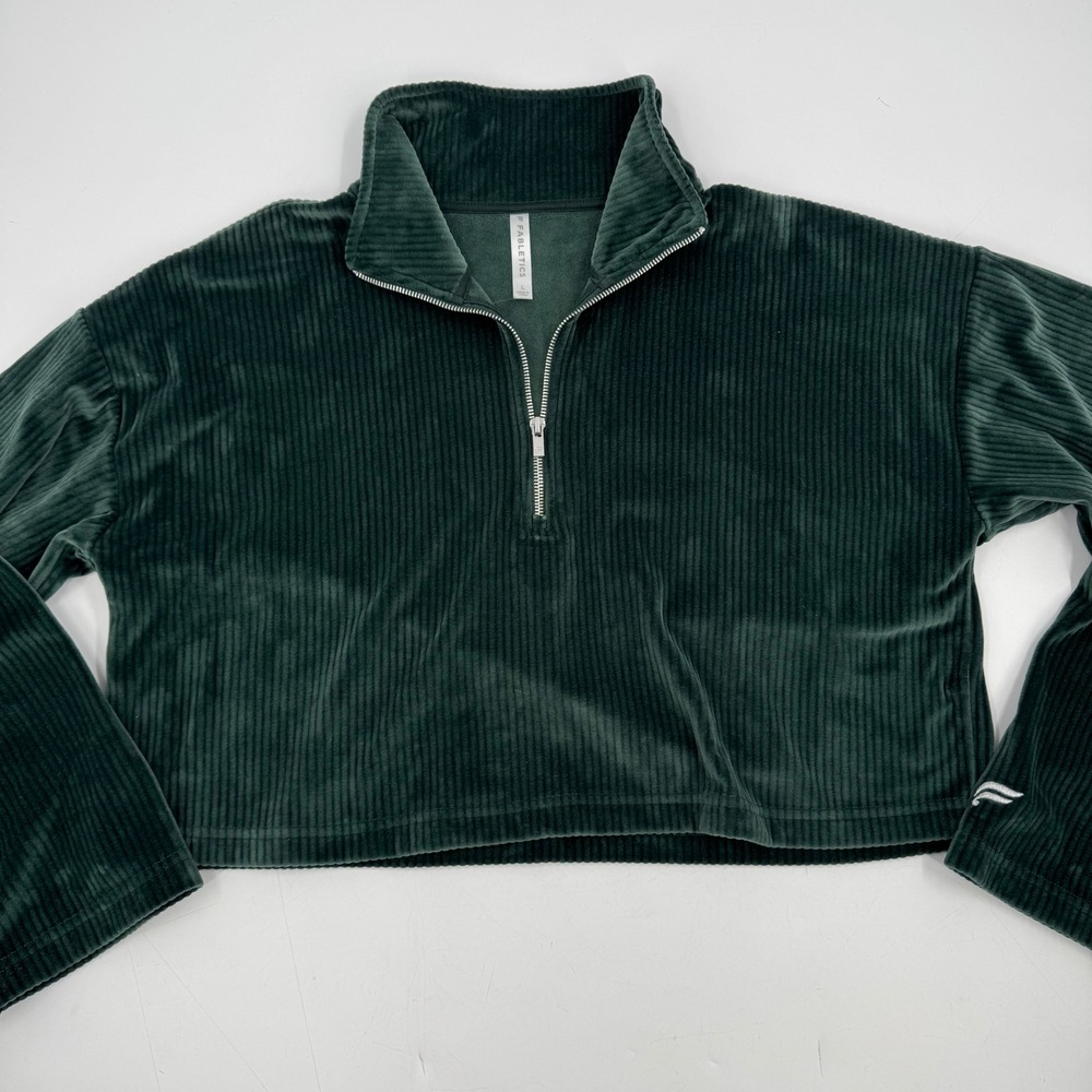 Fabletics Green Plush Rib Corduroy Quarter Zip Cropped Pullover Women's Size L
